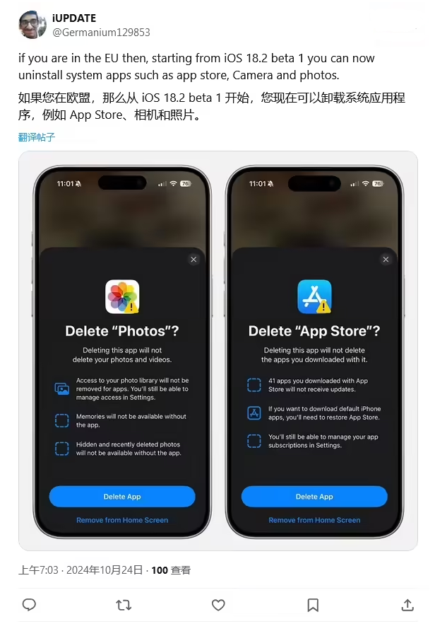 干驿镇苹果手机维修分享iOS 18.2 支持删除 App Store 应用商店 