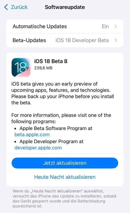 干驿镇苹果手机维修分享苹果 iOS / iPadOS 18 开发者预览版 Beta 8 发布 